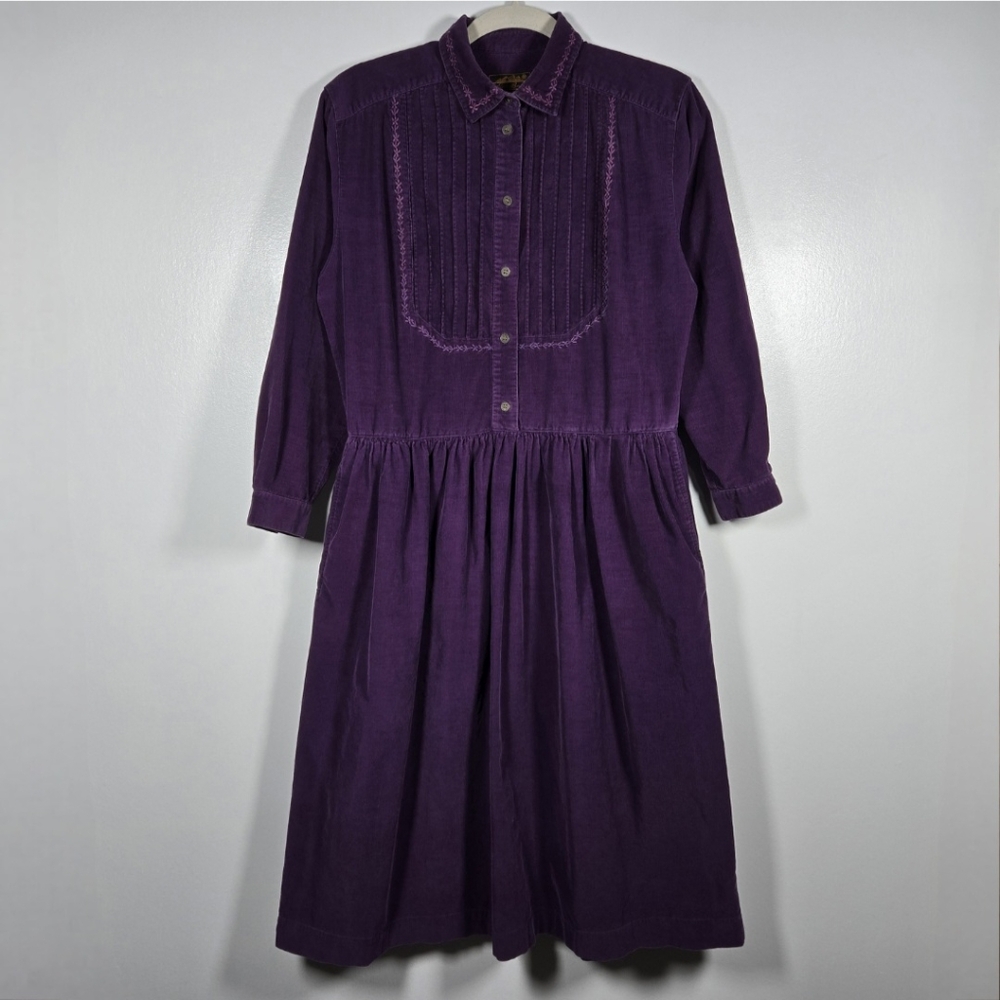 Vintage Eddie Bauer Purple Corduroy Long Sleeve Dress Pockets Size Small Petite